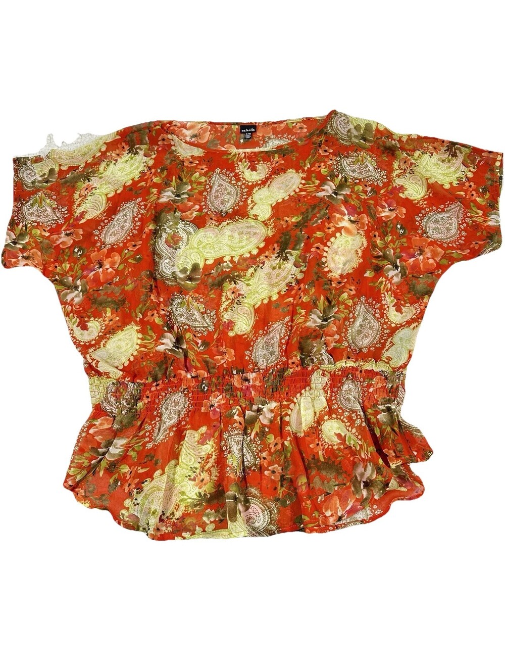Rafaella Women's Sz. L Orange Red Yellow Floral Paisley Smocked Waist Blouse Top